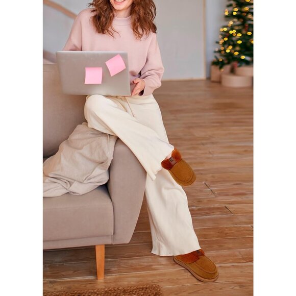 Women's Winter Warm Light Brown Fuzzy Faux Fur Collar Memory Foam Boot Shoes - Picture 2 of 7